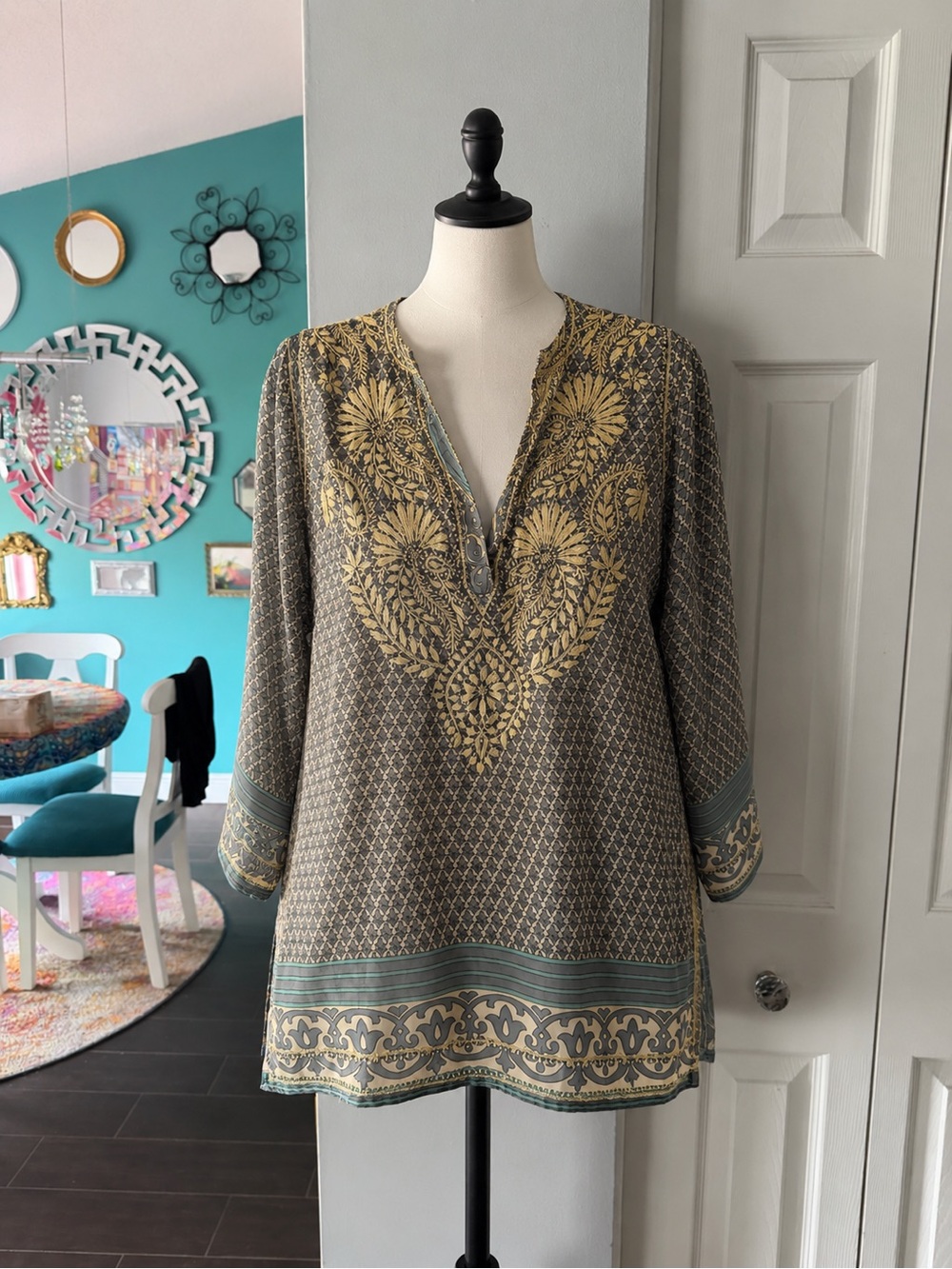 Gretchen Scott Embroidered Silk Tunic Women Small Red Turquoise Boho Kaftan Top